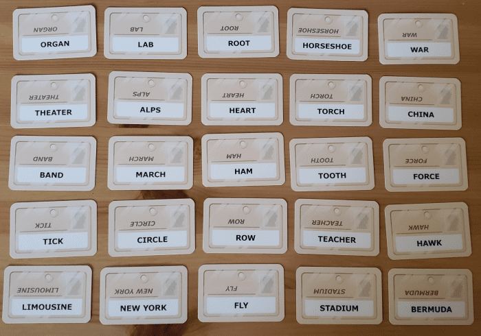 You apply the key card to a random 5x5 grid of words. For example, with the above key card, ORGAN and LAB are red; ROOT is blue; HORSESHOE is a bystander; and WAR is red. At the bottom, FLY is the assassin.
