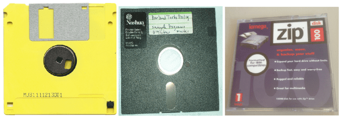Three obsolete storage media: 3.5 inch floppy disk (Left), 5.25 inch floppy disk (Center), Zip Drive (Right)