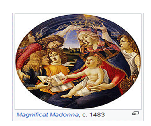 This is a painting of virgin Mary and Jesus which Sandro painted in 1483.This image was painted at a time when this kind of sculptures were very famous and could be displayed not only in churches but also public offices. His interest and pas