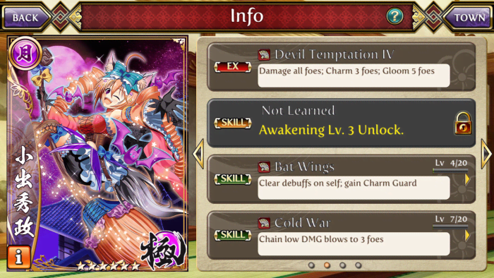 Charm is helpful to make your enemies attack each other, while Gloom slows the fill of an enemy's EX gauge. The skill Bat Wings clears the status effects on this warrior if skills are not blocked by Silence or Confusion. It also guards against Charm.
