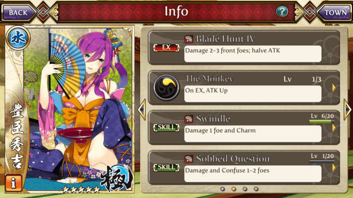 This warrior can halve enemies' attack attribute with her EX attack, and her skills can Charm and Confuse.