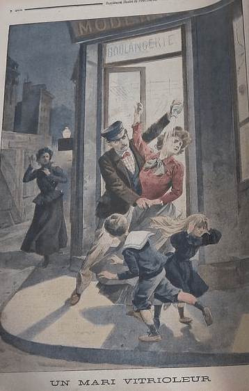 The cover of a 1901 edition of the periodical "Le Petit Journal", presenting "a husband using vitriol"