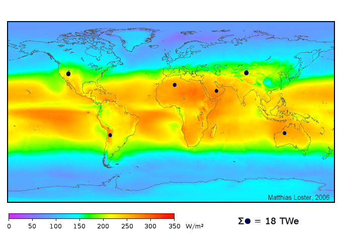 Loster's proposal for six systems scattered across the continents, capturing enough sunlight to produce 18 Terawatts of energy, enough to power the entire world.