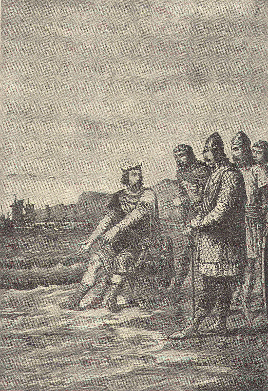 Cnut and the Waves; illustrated by Alphonse-Marie-Adolphe de Neuville (ca. 1885). Courtesy of Wikimedia Commons. Work has entered the public domain.