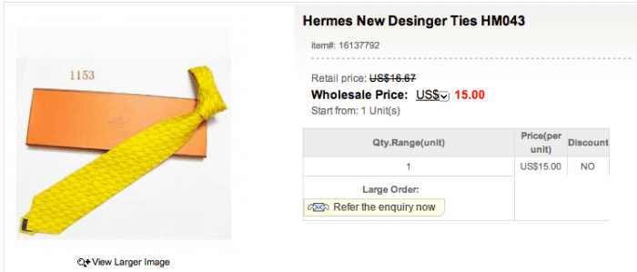 Can you believe this? A Hermès tie being marketed for $15 under the "cheap replica" moniker. The spelling error in the title of the product is also a good give-away!