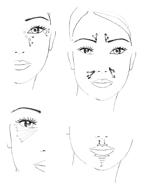 Top left: Set highlights at inner and outer eye corners. | Bottom left: Beneath the entire eye. | Top right: Frown lines and nasolabial folds | Bottom right: Corrective highlights around the mouth.