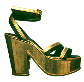 1938 shoe designed for Carmen Miranda made from gilded glass mosaic cork heel with gold kid and black silk upper.