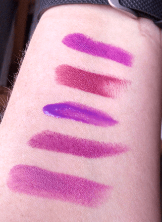 Top to bottom: Vibrant Violet, Ravin' Raisin, Vision in Violet, Matte Glam, Vixen Violet