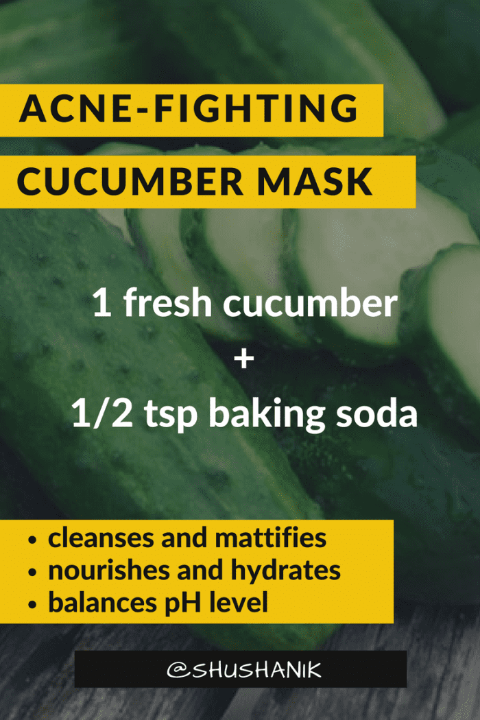 DIY skin-cleansing face mask using cucumber and baking soda helps clear acne.