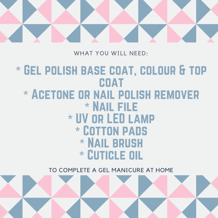 What you will need to complete a gel manicure at home.
