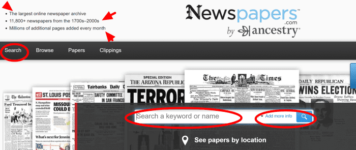 Start by clicking on SEARCH. Fill in your name or search term, then click ADD MORE INFO. You can put a place name and date or range of dates like 1860 - 1865.