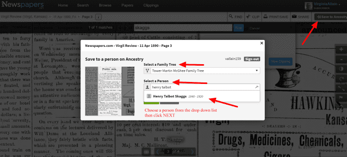 Put vital information in the title for storing the clipping. It makes it easier to find later. Select a person to attach the clipping to on Ancestry.com. Be careful if you have several people with similar names.