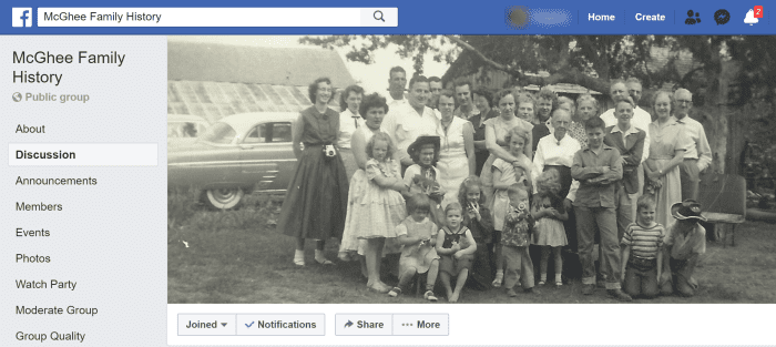 An example of a cousin group or surname group. I created this group so my first and second cousins could share photos, stories, and family history. My various cousin groups have between 35 to 150 members, depending on how well I recruit for it.