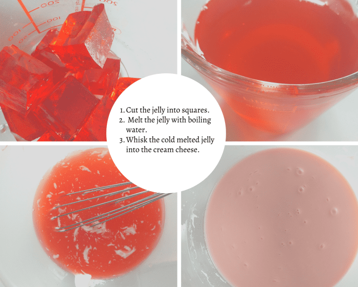 Mixing the jelly with the cream cheese: Cut your jelly into pieces and once it is dissolved whisk it into your cream cheese.