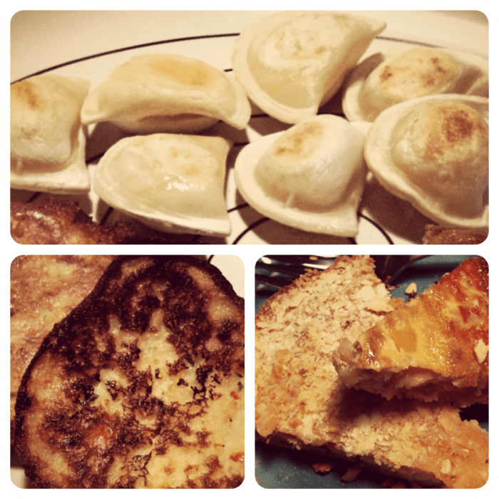 dinner's ready! cheddar and potato pierogies, onion and red pepper potato latkes, and some crazy egg pie.