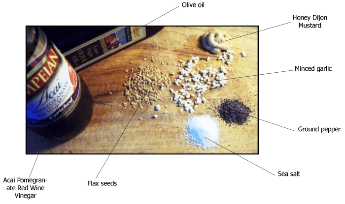 Mix all ingredients together. Let them sit for a time to let the flavors infuse into the vinegar and oil.