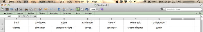 I made an Excel worksheet to type in all the names of my spices, printed them, and cut them with a paper cutter.