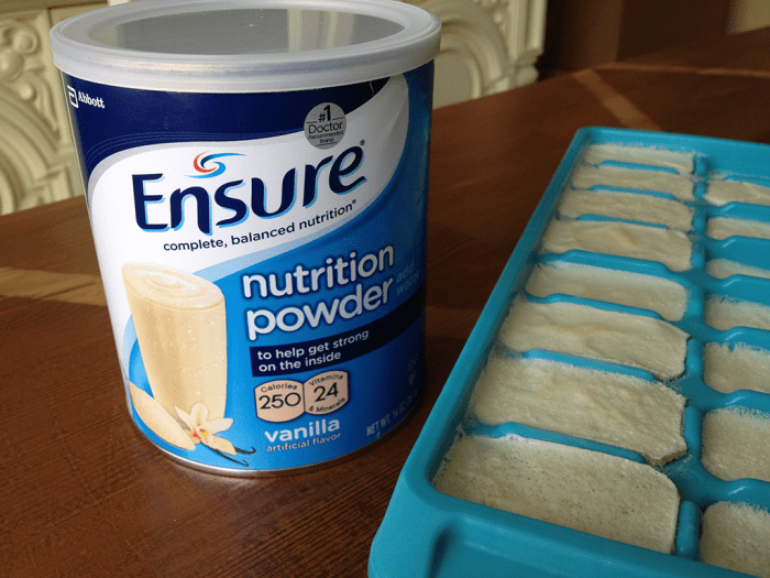 I prepare a giant batch of Ensure using bottled water and pour the mixture into ice cube trays and freeze.