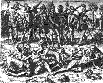 Balboa's dogs attacking sodomites. Believed to be a Spanish depiction of berdaches being tortured by conquistadores.