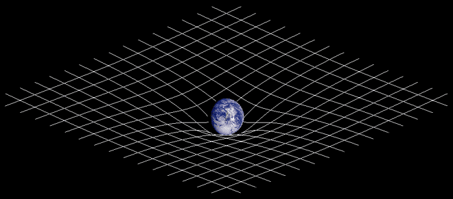 An illustration of how mass distorts spacetime. The greater the mass of an object, the greater the curvature.