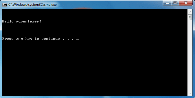 This is what your game should look like. Notice the long spaces between the text? This was done with the "echo." command. Also, note the pause command at work toward the bottom.
