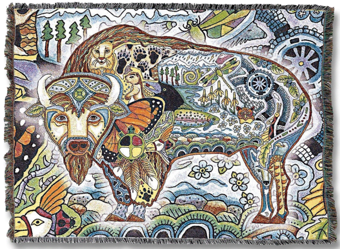 Bison are still a subject in Native American art such as in this blanket by Washington-based artist Sue Coccia.