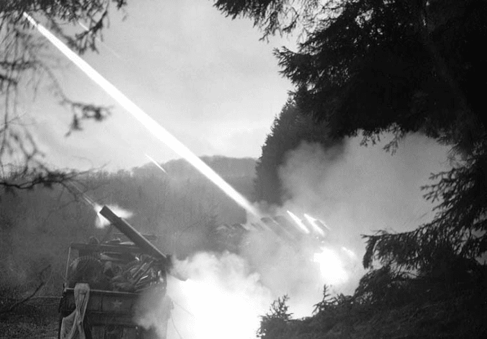 A 4.5 inch Xylophone Artillery Rocket unit, fall 1944. The rocket platform is on a 6x6 truck. Converted M-4 Shermans with attached racks were also used. The U.S. Army never deployed these units in large numbers; certainly not like the Soviets did.