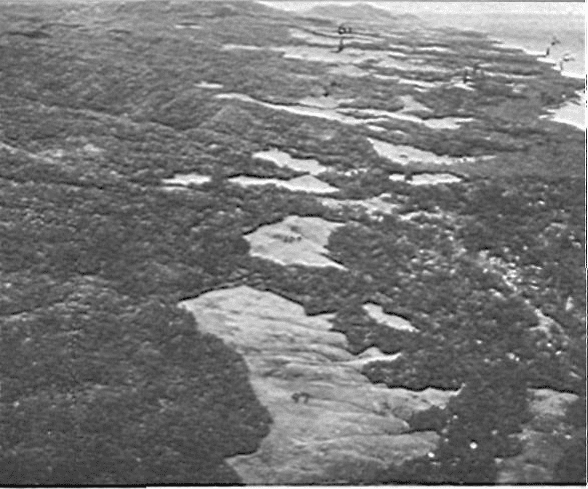 Aerial view of Guadalcanal looking north toward Cape Esperance.The few bare hills can be seen clearly from this picture.