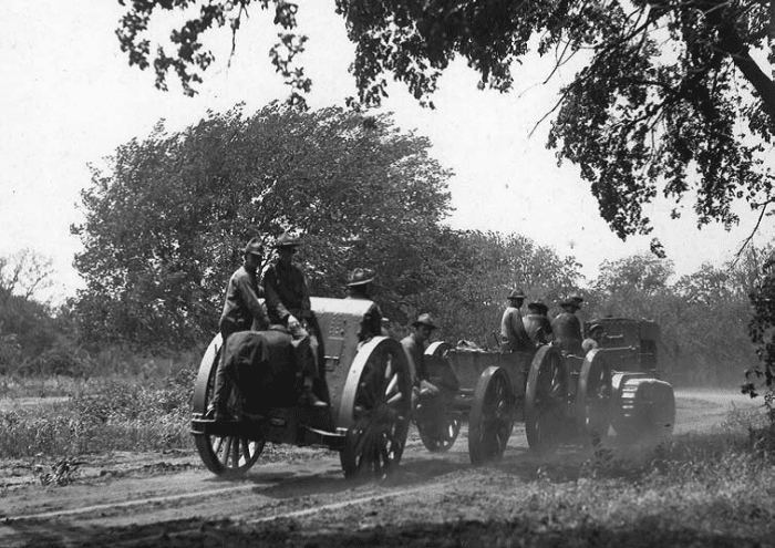 4.7 inch gun being hauled at Fort Sill, 1918. Note the small tractor in front. It was high tech for its time.