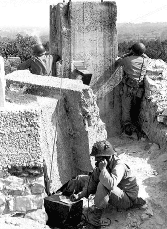 Forward observer team, France 1944. Can you imagine having to carry that radio over rough terrain and under fire?