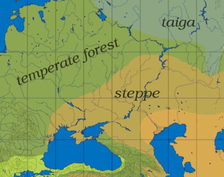 Pontac-Caspian Steppe. The Yellow area shows the steppe on which the Indo-European peoples are believed to have lived.