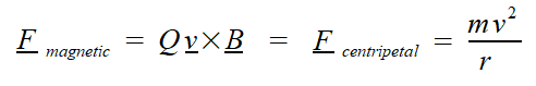 The equation for the magnetic force on a particle moving with a velocity, v, in a magnetic field with strength, B. Also, the equation for centripetal motion of a particle moving in a circle of radius, r.