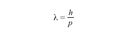 De Broglie's equation for the wavelength associated with a massive particle that has a momentum, p. Where h is Planck's constant.