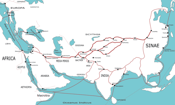 This map shows the trade routes during the first century. The Mare Internum (top left) is the Mediterranean Sea, The map shows how ideas in India cold have made their way to Rome where the Bible was written.