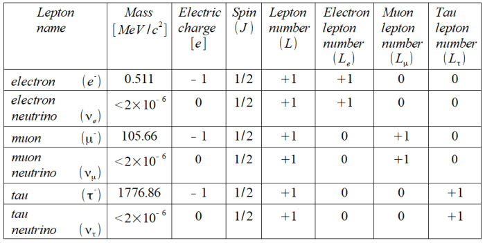A table showing the properties of the different types of lepton. Again, mass is given in energy style units and electrical charge is given in units of the magnitude of the electron's charge.