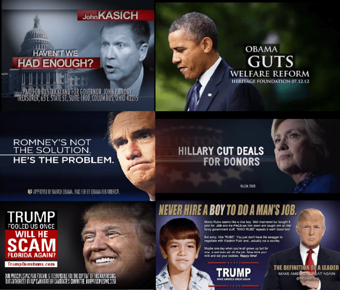 Political attack ads - Marco Rubio, Hillary Clinton, Donald Trump, Barack Obama, Mitt Romney, John Kasich