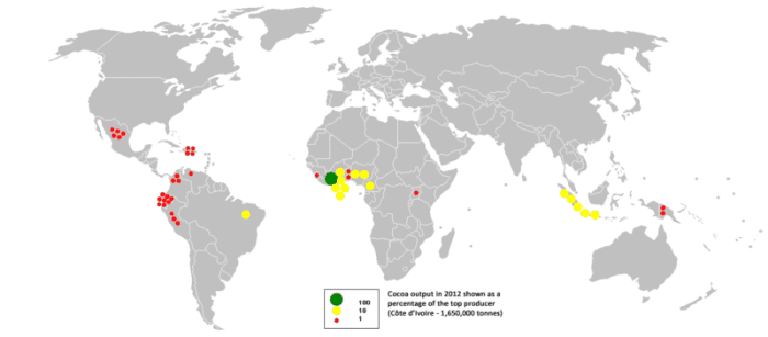 A map showing the major cacao growing areas of the world. Cacao trees flourish in warm, equatorial climates.