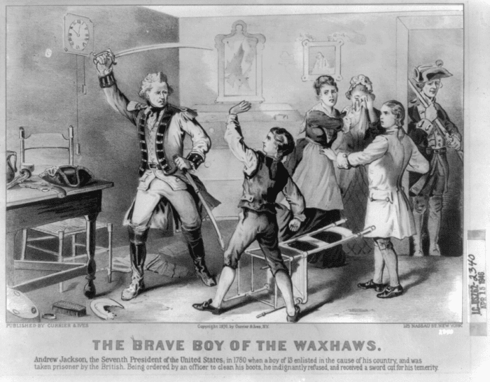 "The Brave Boy of the Waxhaws". Depicts incident in the childhood of Andrew Jackson, showing the lad standing up to British soldier. As depicted a century later in an 1876 lithograph.