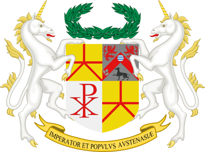 Austenasia's coat of arms is rather gran, but its motto simply means "The Emperor and People of Austenasia." No stirring of patriotic fervor about courage and honour here.