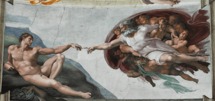 Michelangelo, Creation of Adam, Celing of the Sistine Chapel. Some scholars see the representation of a brain in the cloak that surrounds God