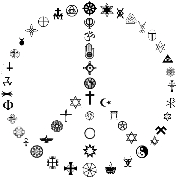 A peace symbol comprised of many various religious symbols, representing the idea of unity and tolerance between the world's religions.
