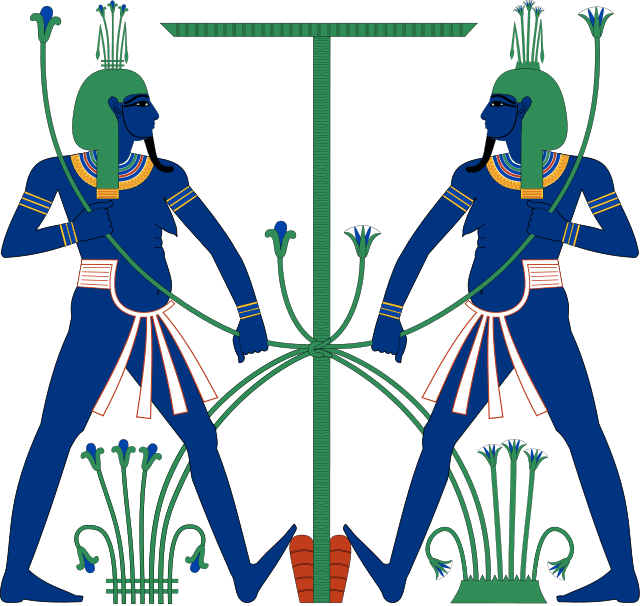 In the ancient Egyptian religion, Hapi was the god of the annual flooding of the Nile.. This image shows Hopi represented as two genies, symbolically tying together upper and lower Egypt.