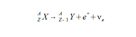 An unstable element, X, decays into a new element, Y, via beta plus decay. Note that the new element has lost a proton but the number of nucleons (atomic mass) is unchanged. The positron is we label as a beta plus particle.