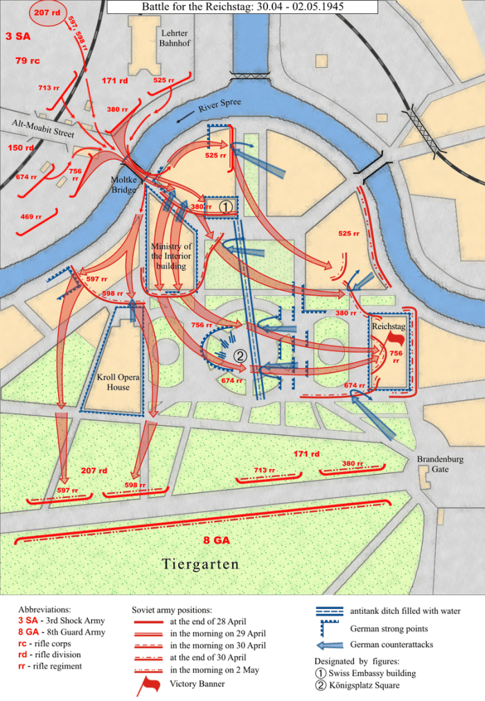 The fighting around the center of Berlin took on a new dimension as the last fanatics of the National Socialist revolution found themselves fighting for its government buildings near the Reich Chancellery itself not too far from Hitler's bunker.