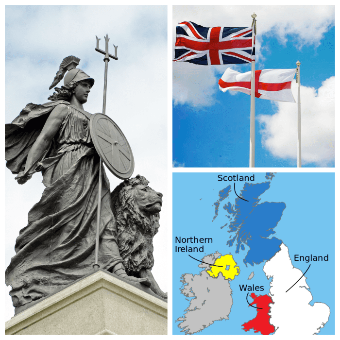 A Britannia sculpture, the flags of the UK and England, and a map of the United Kingdom