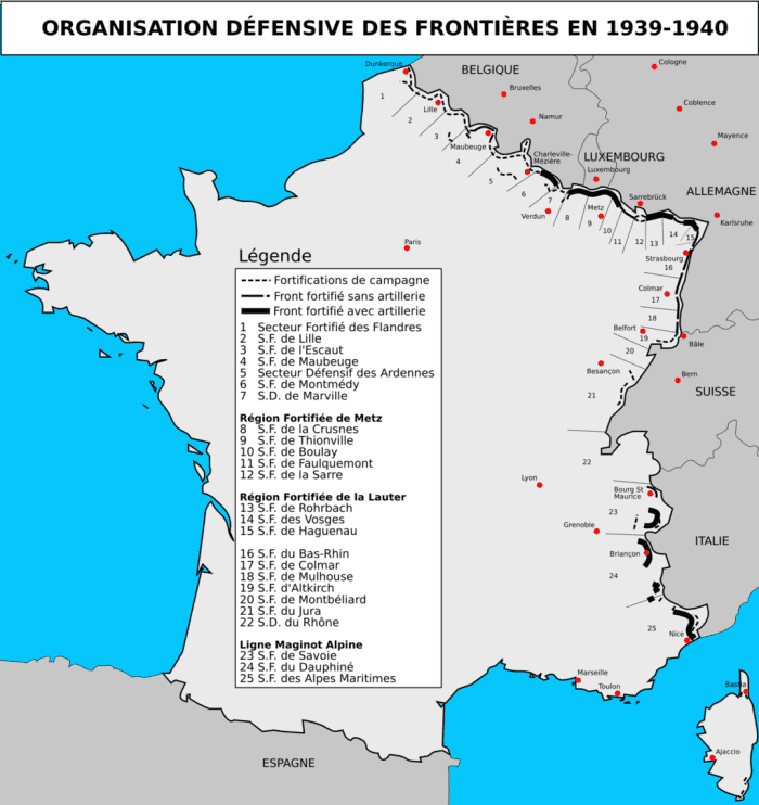 A map of the defensive positions of the French defensive system, strongest along the German and Italian borders.