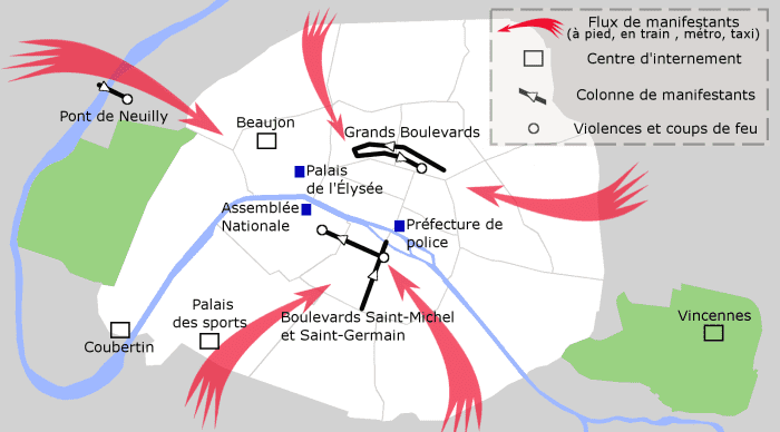 A map of the October 17, 1961 demonstrations in Paris, where up to several hundred protesters were killed.