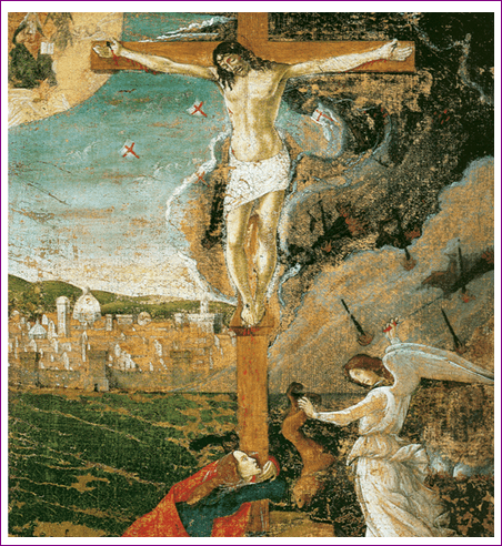 This painting shows an image that depicts the state of Florence and its fate in the background. It shows a flourishing town with a bright future. It shows Christ on the cross and beside him is a weeping angel. On the fore ground is Mary Magda
