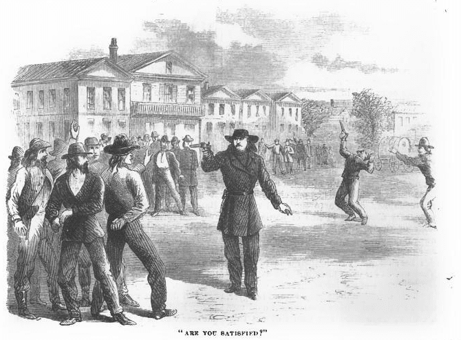 An illustration of the Springfield, Missouri, gunfight in the article Wild Bill by George Ward Nichols (Harper’s New Monthly Magazine, February, 1867).