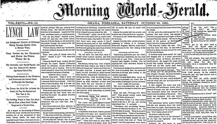 Omaha World Herald cover story on the lynching of George Smith (aka Joe Coe), Saturday, October 10, 1891.